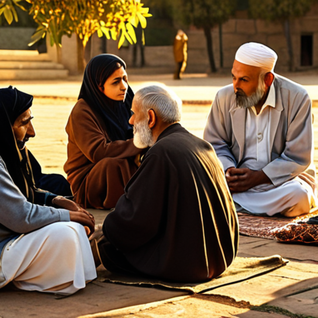 An elderly, wise-looking Saadi sitting outdoors, surrounded by people from different cultures and social classes, all listening attentively to his stories under a warm, golden light. The setting sun casts long shadows, emphasizing the timeless wisdom being shared.
