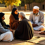 An elderly, wise-looking Saadi sitting outdoors, surrounded by people from different cultures and social classes, all listening attentively to his stories under a warm, golden light. The setting sun casts long shadows, emphasizing the timeless wisdom being shared.