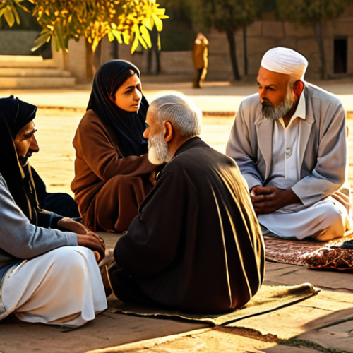 Home 4 An elderly, wise-looking Saadi sitting outdoors, surrounded by people from different cultures and social classes, all listening attentively to his stories under a warm, golden light. The setting sun casts long shadows, emphasizing the timeless wisdom being shared.
