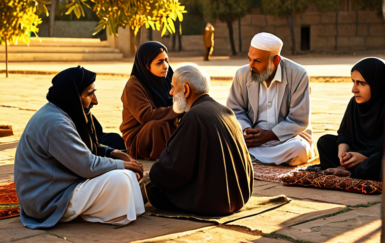 An elderly, wise-looking Saadi sitting outdoors, surrounded by people from different cultures and social classes, all listening attentively to his stories under a warm, golden light. The setting sun casts long shadows, emphasizing the timeless wisdom being shared.